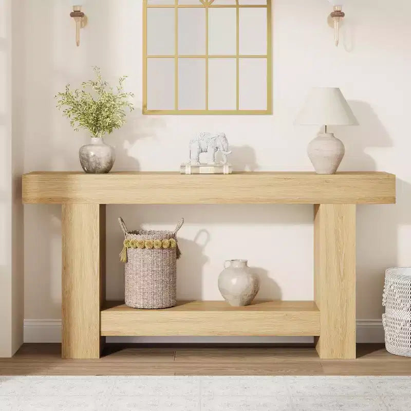 Tavolino Consolle Acekool Stile Rustico, Tavolo da Ingresso a 2 Livelli con Ripiano Portaoggetti, Tavolo Lungo per Divano per Corridoio, Soggiorno, Dettaglio Rustico