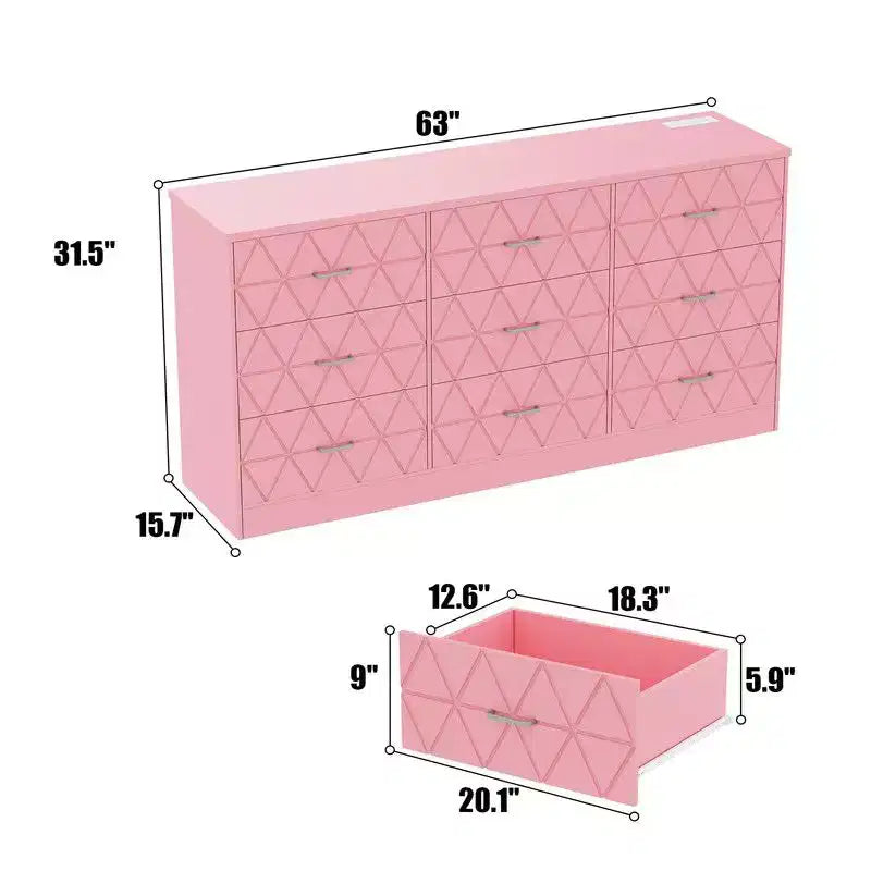 9 Drawer Dresser, 63 Dresser for Bedroom with Power Outlet, Modern Drawer for Hallway, Living Room