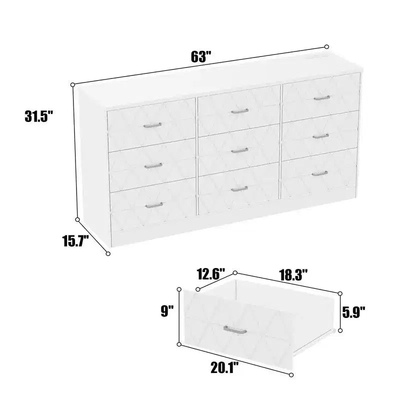 9 Drawer Dresser, 63 Dresser for Bedroom with Power Outlet, Modern Drawer for Hallway, Living Room