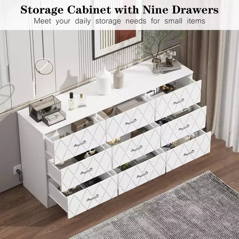9 Drawer Dresser, 63 Dresser for Bedroom with Power Outlet, Modern Drawer for Hallway, Living Room