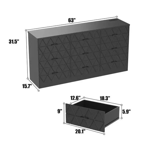 Comò a 9 cassetti, comò da 63 pollici per camera da letto con presa di corrente, cassettiera moderna per corridoio, soggiorno