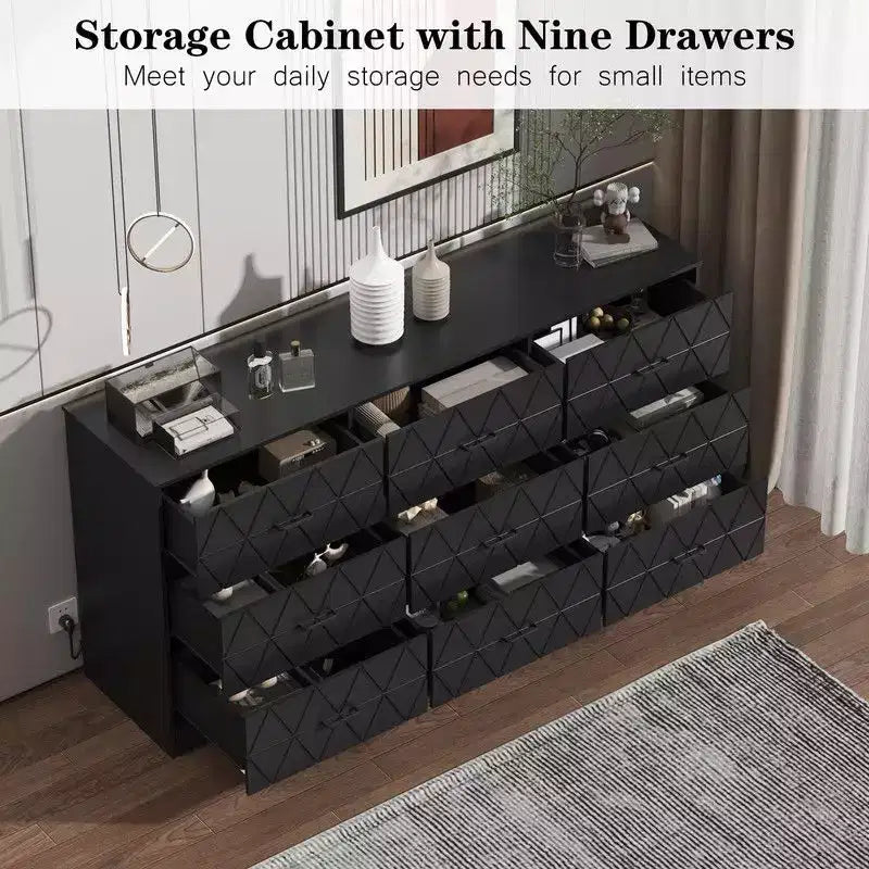 9 Drawer Dresser, 63 Dresser for Bedroom with Power Outlet, Modern Drawer for Hallway, Living Room