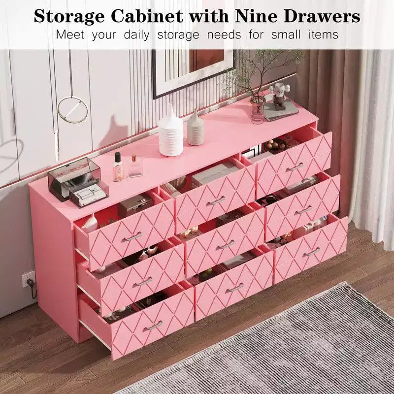 9 Drawer Dresser, 63 Dresser for Bedroom with Power Outlet, Modern Drawer for Hallway, Living Room