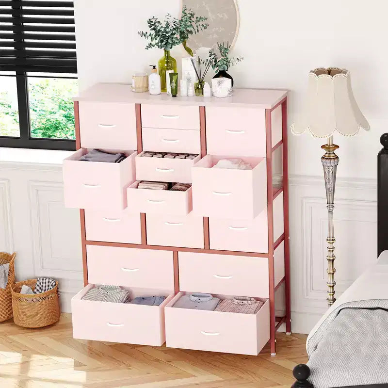 COZONY Cassettiera Alta in Tessuto a 15 Cassetti con Piano in Legno e Robusta Struttura in Metallo, Cassettiera Contenitore con Stampa Effetto Legno per Camera da Letto, Soggiorno e Corridoio