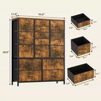 COZONY Cassettiera Alta in Tessuto a 15 Cassetti con Piano in Legno e Robusta Struttura in Metallo, Cassettiera Contenitore con Stampa Effetto Legno per Camera da Letto, Soggiorno e Corridoio