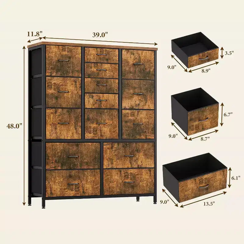 COZONY Cassettiera Alta in Tessuto a 15 Cassetti con Piano in Legno e Robusta Struttura in Metallo, Cassettiera Contenitore con Stampa Effetto Legno per Camera da Letto, Soggiorno e Corridoio