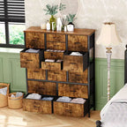COZONY Cassettiera Alta in Tessuto a 15 Cassetti con Piano in Legno e Robusta Struttura in Metallo, Cassettiera Contenitore con Stampa Effetto Legno per Camera da Letto, Soggiorno e Corridoio