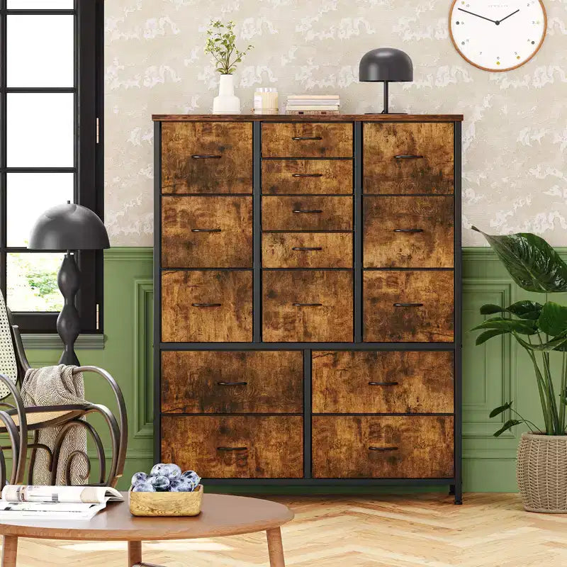 COZONY Cassettiera Alta in Tessuto a 15 Cassetti con Piano in Legno e Robusta Struttura in Metallo, Cassettiera Contenitore con Stampa Effetto Legno per Camera da Letto, Soggiorno e Corridoio