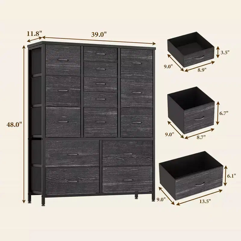 COZONY Cassettiera Alta in Tessuto a 15 Cassetti con Piano in Legno e Robusta Struttura in Metallo, Cassettiera Contenitore con Stampa Effetto Legno per Camera da Letto, Soggiorno e Corridoio