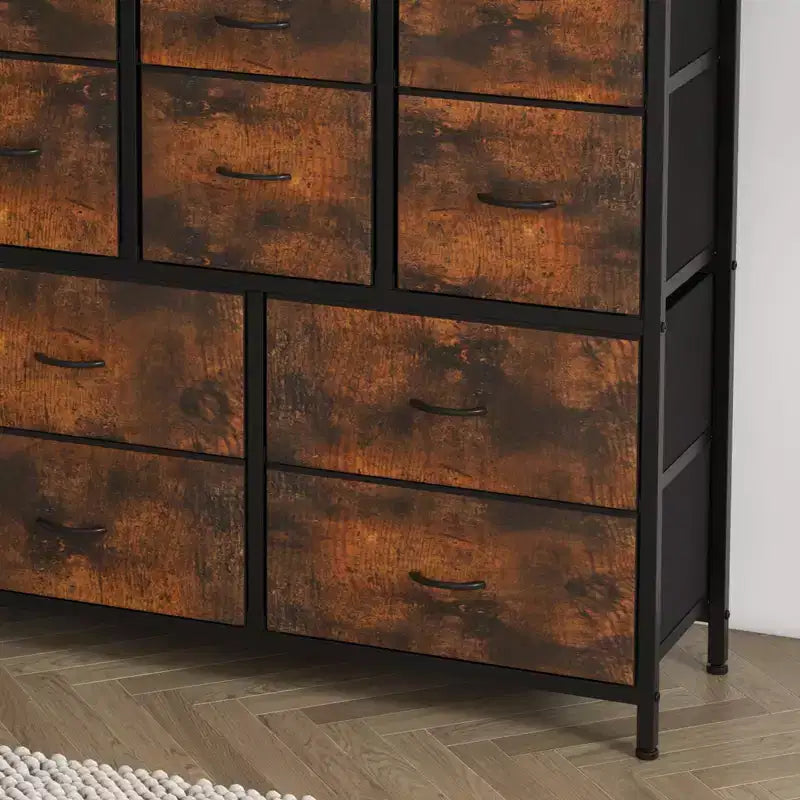 COZONY Cassettiera Alta in Tessuto a 15 Cassetti con Piano in Legno e Robusta Struttura in Metallo, Cassettiera Contenitore con Stampa Effetto Legno per Camera da Letto, Soggiorno e Corridoio