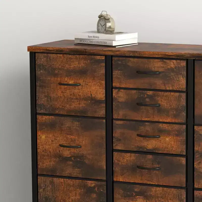 COZONY Cassettiera Alta in Tessuto a 15 Cassetti con Piano in Legno e Robusta Struttura in Metallo, Cassettiera Contenitore con Stampa Effetto Legno per Camera da Letto, Soggiorno e Corridoio