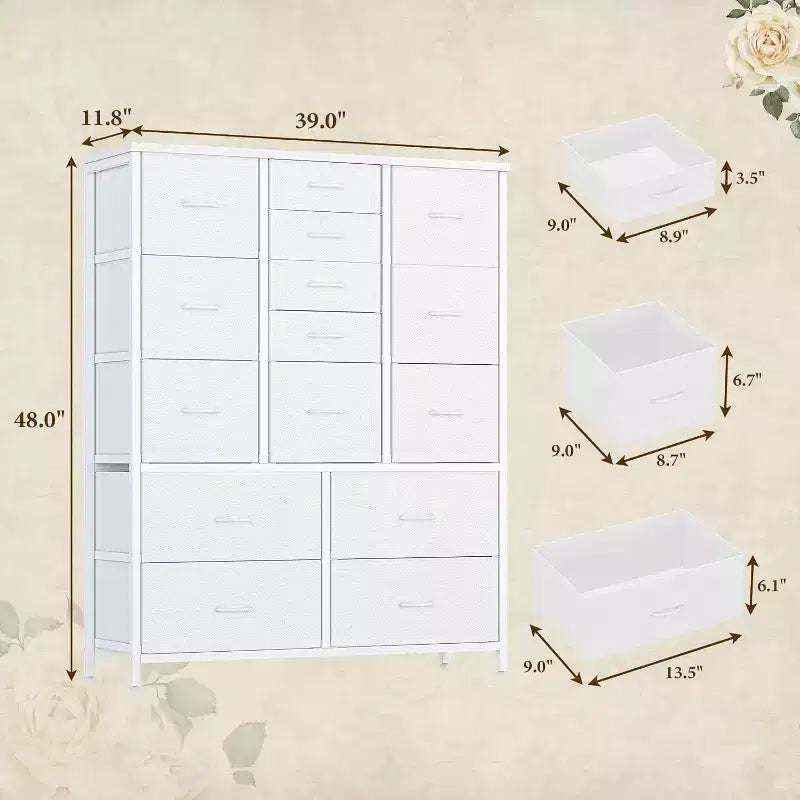 COZONY Cassettiera Alta in Tessuto a 15 Cassetti con Piano in Legno e Robusta Struttura in Metallo, Cassettiera Contenitore con Stampa Effetto Legno per Camera da Letto, Soggiorno e Corridoio