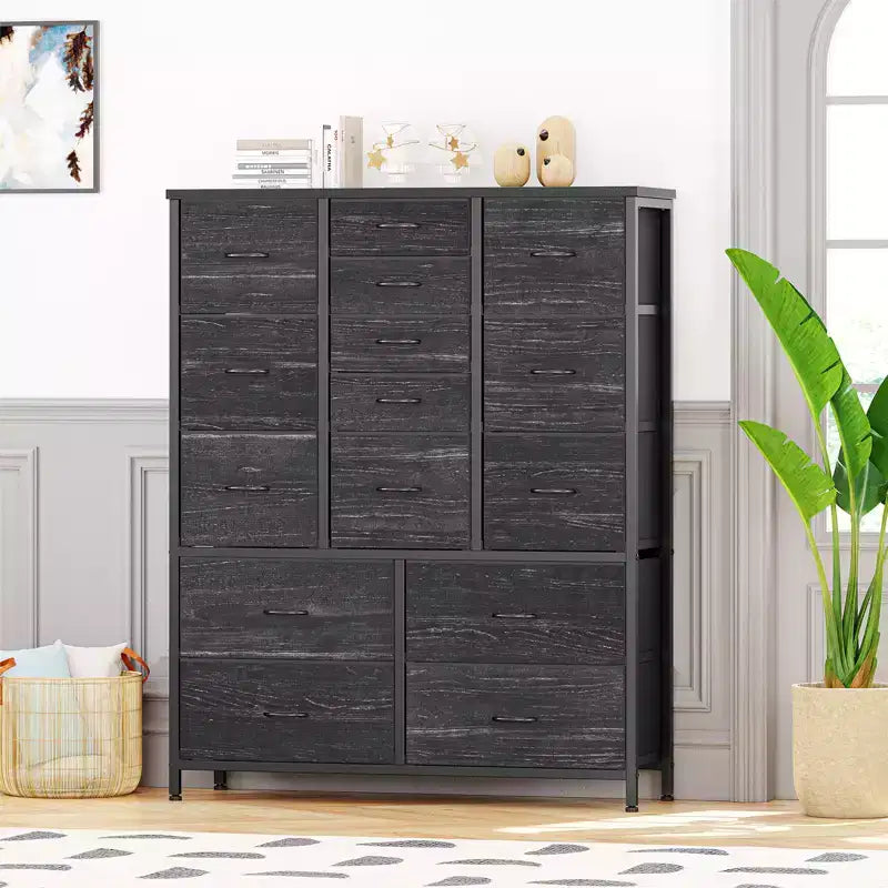 COZONY Cassettiera Alta in Tessuto a 15 Cassetti con Piano in Legno e Robusta Struttura in Metallo, Cassettiera Contenitore con Stampa Effetto Legno per Camera da Letto, Soggiorno e Corridoio