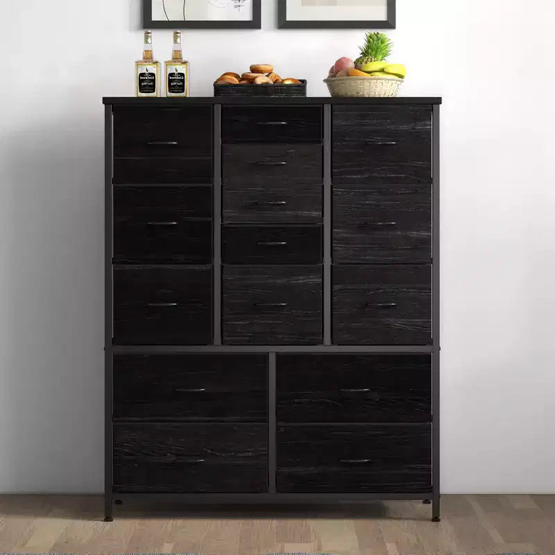 COZONY Cassettiera Alta in Tessuto a 15 Cassetti con Piano in Legno e Robusta Struttura in Metallo, Cassettiera Contenitore con Stampa Effetto Legno per Camera da Letto, Soggiorno e Corridoio