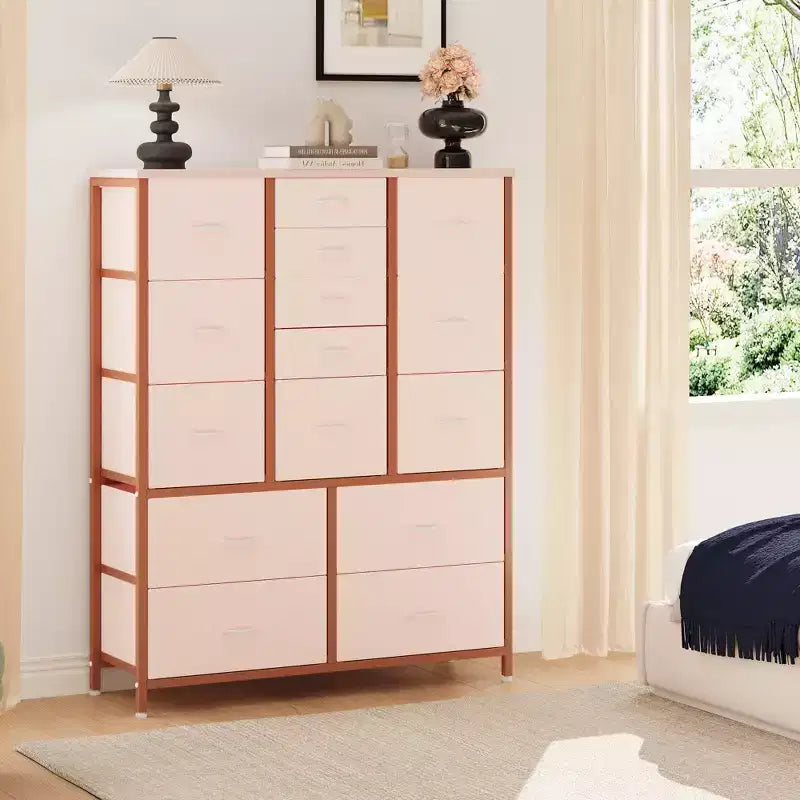 COZONY Cassettiera Alta in Tessuto a 15 Cassetti con Piano in Legno e Robusta Struttura in Metallo, Cassettiera Contenitore con Stampa Effetto Legno per Camera da Letto, Soggiorno e Corridoio