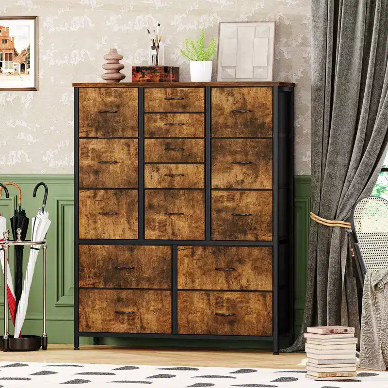 COZONY Cassettiera Alta in Tessuto a 15 Cassetti con Piano in Legno e Robusta Struttura in Metallo, Cassettiera Contenitore con Stampa Effetto Legno per Camera da Letto, Soggiorno e Corridoio