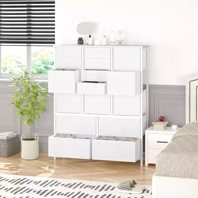 COZONY Cassettiera Alta in Tessuto a 15 Cassetti con Piano in Legno e Robusta Struttura in Metallo, Cassettiera Contenitore con Stampa Effetto Legno per Camera da Letto, Soggiorno e Corridoio