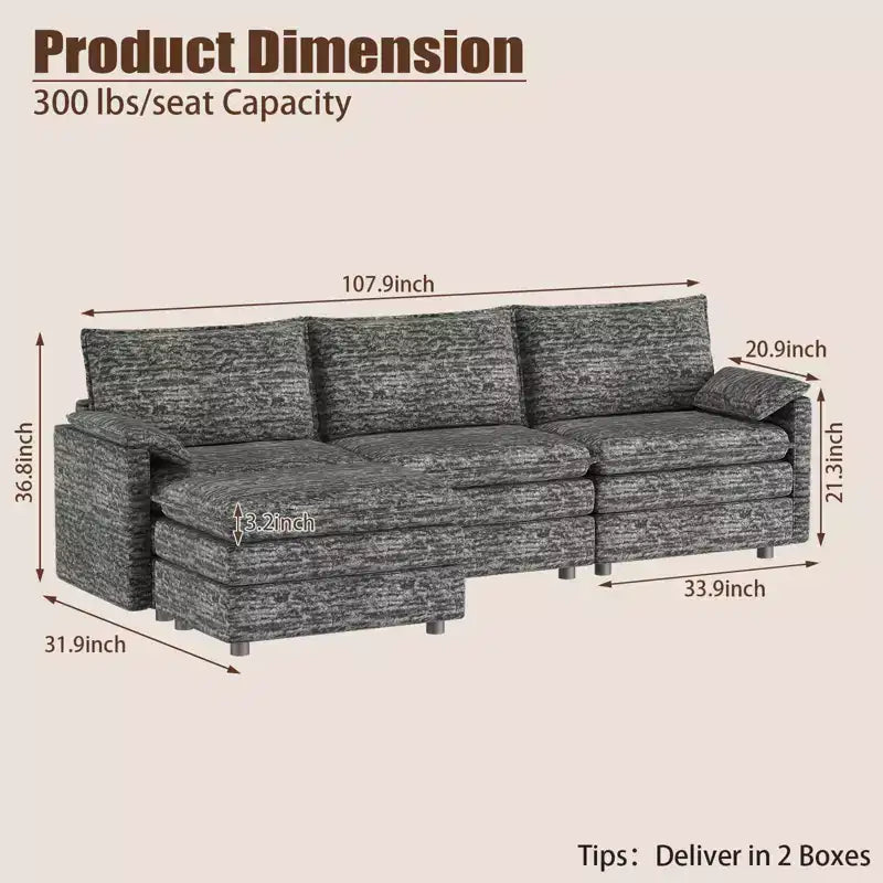108 Modular Sectional Couch with Movable Ottoman - L Shaped Chenille Sofa for Living Room Apartment