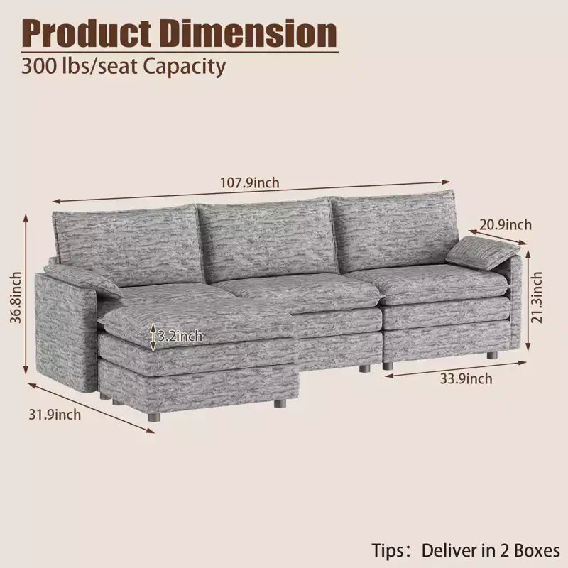 108 Modular Sectional Couch with Movable Ottoman - L Shaped Chenille Sofa for Living Room Apartment