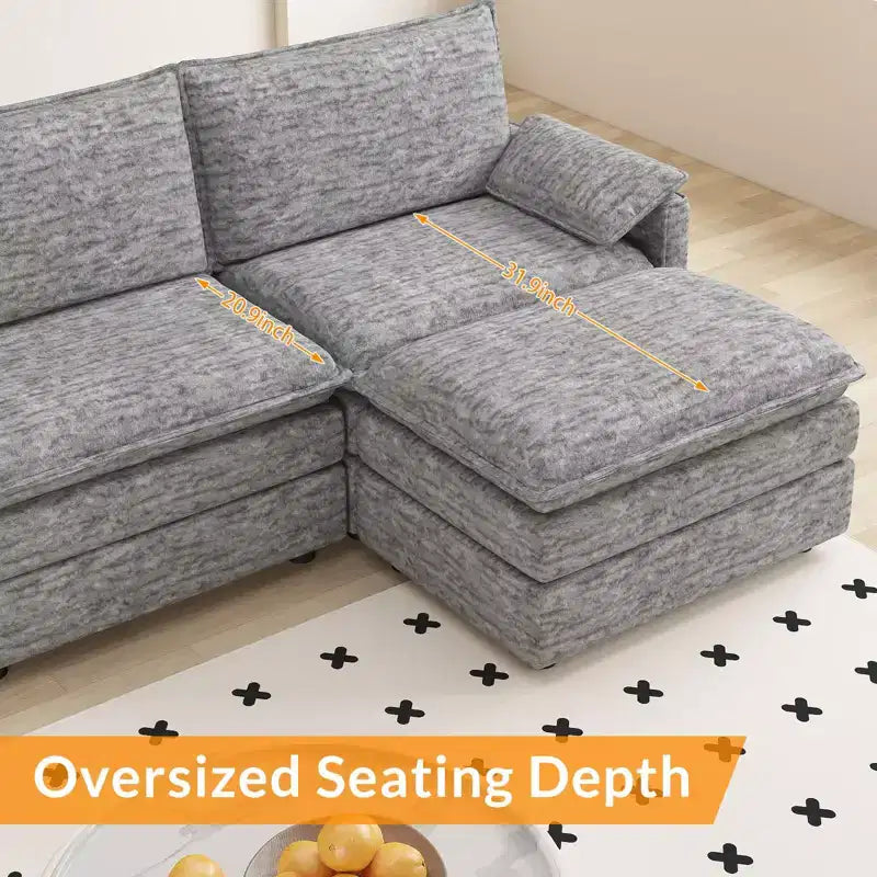 108 Modular Sectional Couch with Movable Ottoman - L Shaped Chenille Sofa for Living Room Apartment