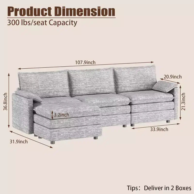 108 Modular Sectional Couch with Movable Ottoman - L Shaped Chenille Sofa for Living Room Apartment