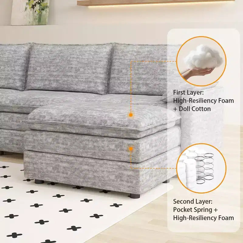 108 Modular Sectional Couch with Movable Ottoman - L Shaped Chenille Sofa for Living Room Apartment