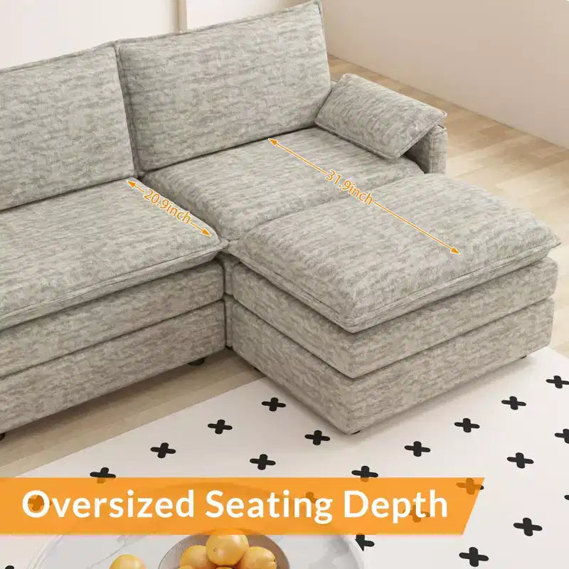 108 Modular Sectional Couch with Movable Ottoman - L Shaped Chenille Sofa for Living Room Apartment