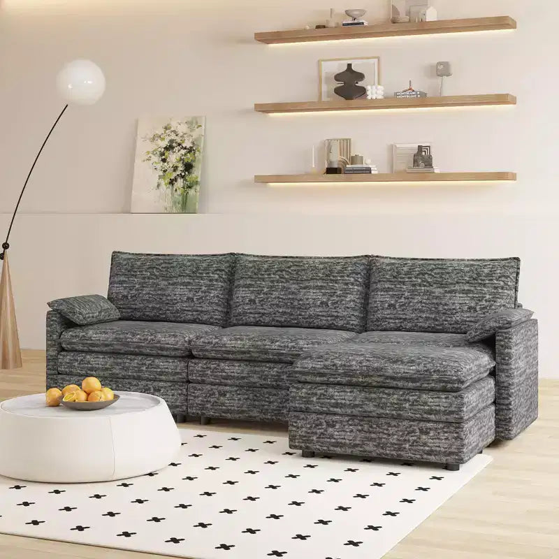 Divano componibile modulare da 274 cm con pouf mobile – Divano a L in ciniglia per soggiorno appartamento