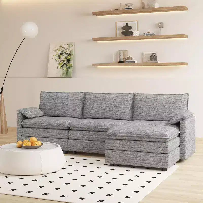 Divano componibile modulare da 274 cm con pouf mobile – Divano a L in ciniglia per soggiorno appartamento