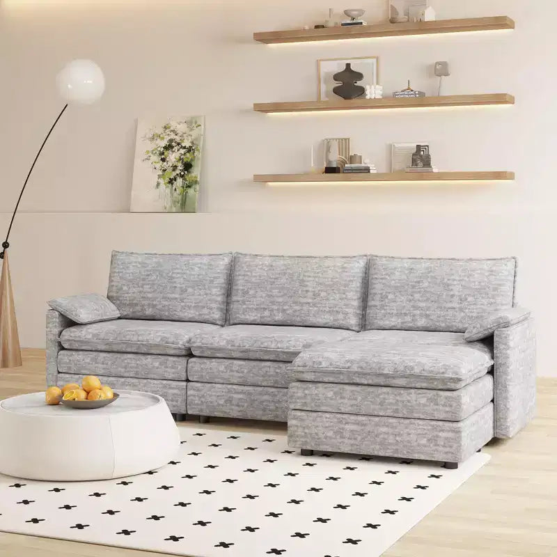 Divano componibile modulare da 274 cm con pouf mobile – Divano a L in ciniglia per soggiorno appartamento