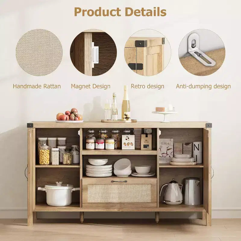 Madia in Rattan da 120 cm, Mobile Buffet per Cucina e Caffè con Ante e Cassetti, Credenza Boho con Ripiani Regolabili e Maniglie per Salotto