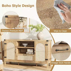 Madia in Rattan da 120 cm, Mobile Buffet per Cucina e Caffè con Ante e Cassetti, Credenza Boho con Ripiani Regolabili e Maniglie per Salotto