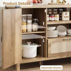 Madia in Rattan da 120 cm, Mobile Buffet per Cucina e Caffè con Ante e Cassetti, Credenza Boho con Ripiani Regolabili e Maniglie per Salotto
