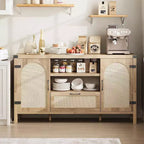 Madia in Rattan da 120 cm, Mobile Buffet per Cucina e Caffè con Ante e Cassetti, Credenza Boho con Ripiani Regolabili e Maniglie per Salotto