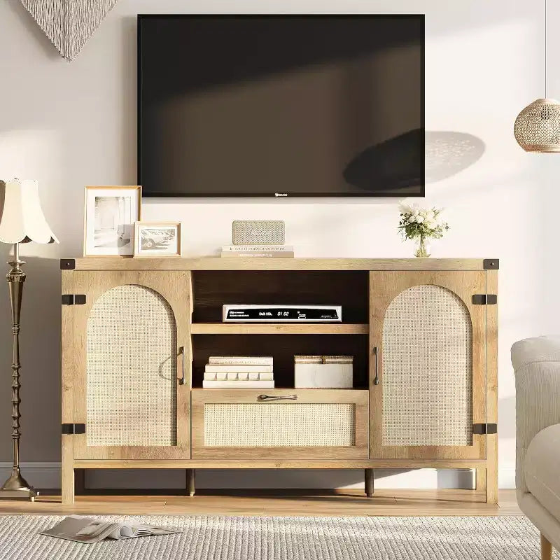 Madia in Rattan da 120 cm, Mobile Buffet per Cucina e Caffè con Ante e Cassetti, Credenza Boho con Ripiani Regolabili e Maniglie per Salotto