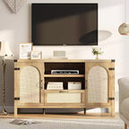 Madia in Rattan da 120 cm, Mobile Buffet per Cucina e Caffè con Ante e Cassetti, Credenza Boho con Ripiani Regolabili e Maniglie per Salotto
