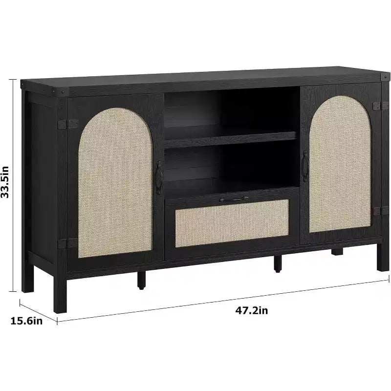 Madia in Rattan da 120 cm, Mobile Buffet per Cucina e Caffè con Ante e Cassetti, Credenza Boho con Ripiani Regolabili e Maniglie per Salotto