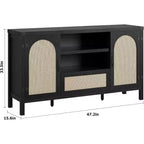 Madia in Rattan da 120 cm, Mobile Buffet per Cucina e Caffè con Ante e Cassetti, Credenza Boho con Ripiani Regolabili e Maniglie per Salotto