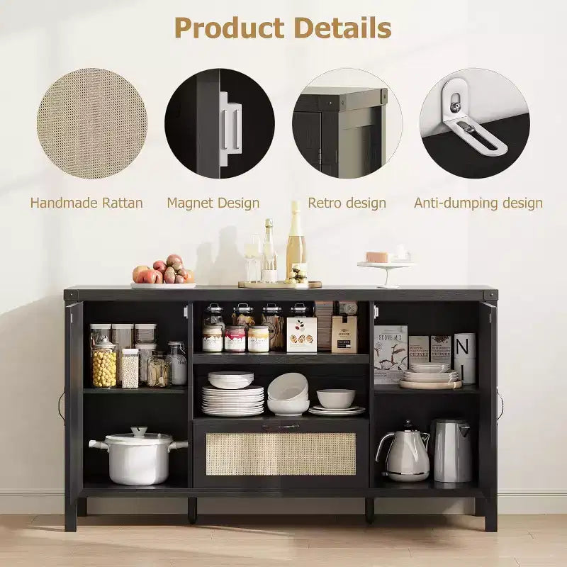 Madia in Rattan da 120 cm, Mobile Buffet per Cucina e Caffè con Ante e Cassetti, Credenza Boho con Ripiani Regolabili e Maniglie per Salotto