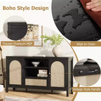 Madia in Rattan da 120 cm, Mobile Buffet per Cucina e Caffè con Ante e Cassetti, Credenza Boho con Ripiani Regolabili e Maniglie per Salotto