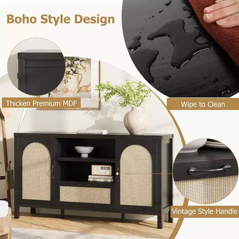 Madia in Rattan da 120 cm, Mobile Buffet per Cucina e Caffè con Ante e Cassetti, Credenza Boho con Ripiani Regolabili e Maniglie per Salotto