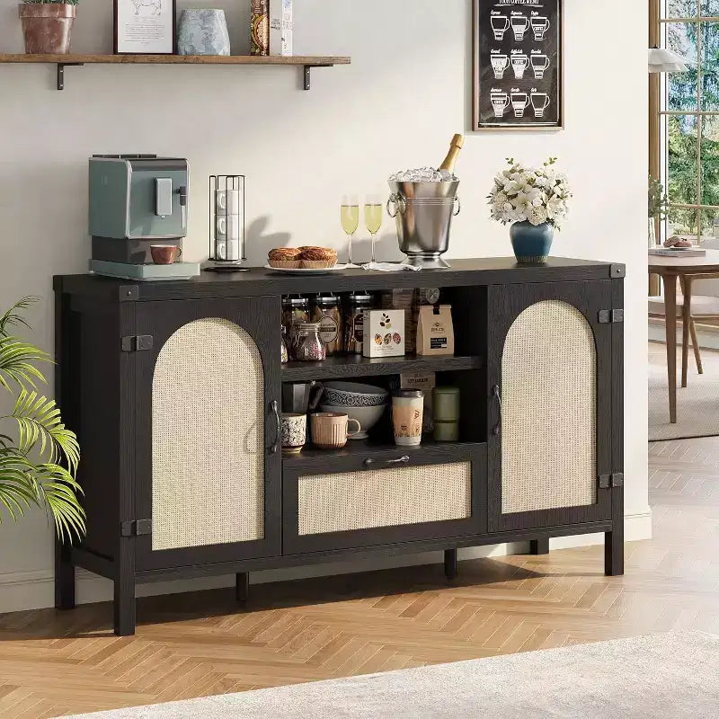 Madia in Rattan da 120 cm, Mobile Buffet per Cucina e Caffè con Ante e Cassetti, Credenza Boho con Ripiani Regolabili e Maniglie per Salotto