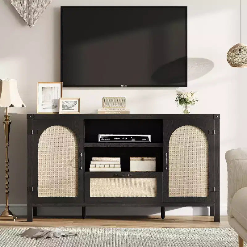 Madia in Rattan da 120 cm, Mobile Buffet per Cucina e Caffè con Ante e Cassetti, Credenza Boho con Ripiani Regolabili e Maniglie per Salotto
