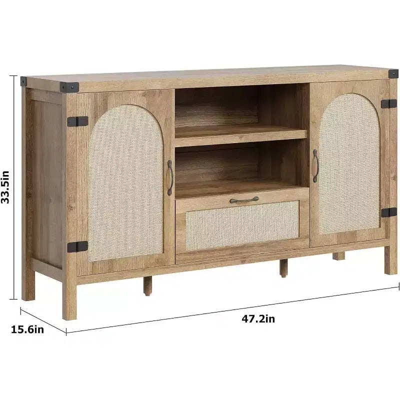 Madia in Rattan da 120 cm, Mobile Buffet per Cucina e Caffè con Ante e Cassetti, Credenza Boho con Ripiani Regolabili e Maniglie per Salotto