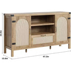 Madia in Rattan da 120 cm, Mobile Buffet per Cucina e Caffè con Ante e Cassetti, Credenza Boho con Ripiani Regolabili e Maniglie per Salotto