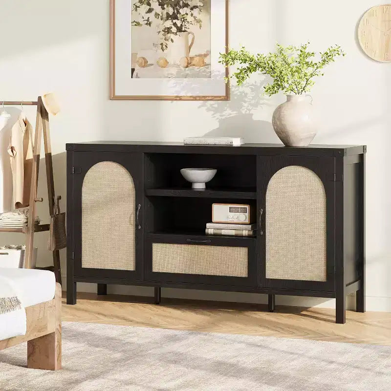 Madia in Rattan da 120 cm, Mobile Buffet per Cucina e Caffè con Ante e Cassetti, Credenza Boho con Ripiani Regolabili e Maniglie per Salotto
