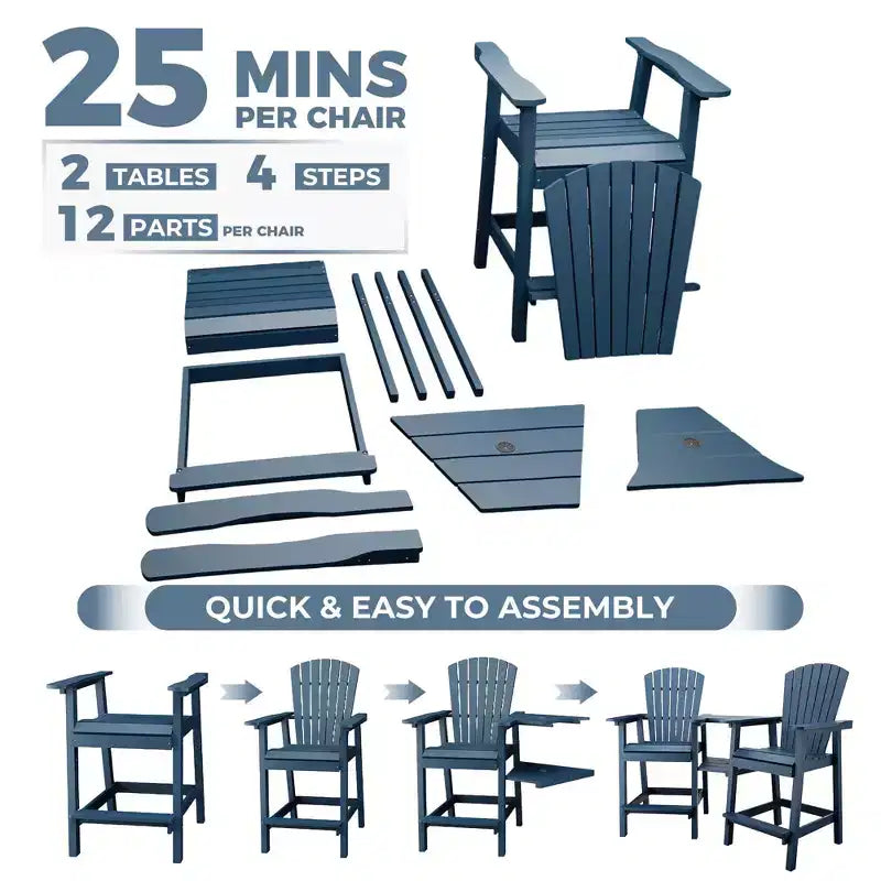 Outdoor Recycled Poly Adirondack Barstools with Connecting Tray, Tall Adirondack Chairs Bar Chairs for Deck, Patio Bar Stool Chair Set of 2