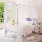 Acekool Twin Size Canopy Bed Frame with Upholstered Headboard, Metal Platform Kids Bed, Strong Slats, No Box Spring Needed