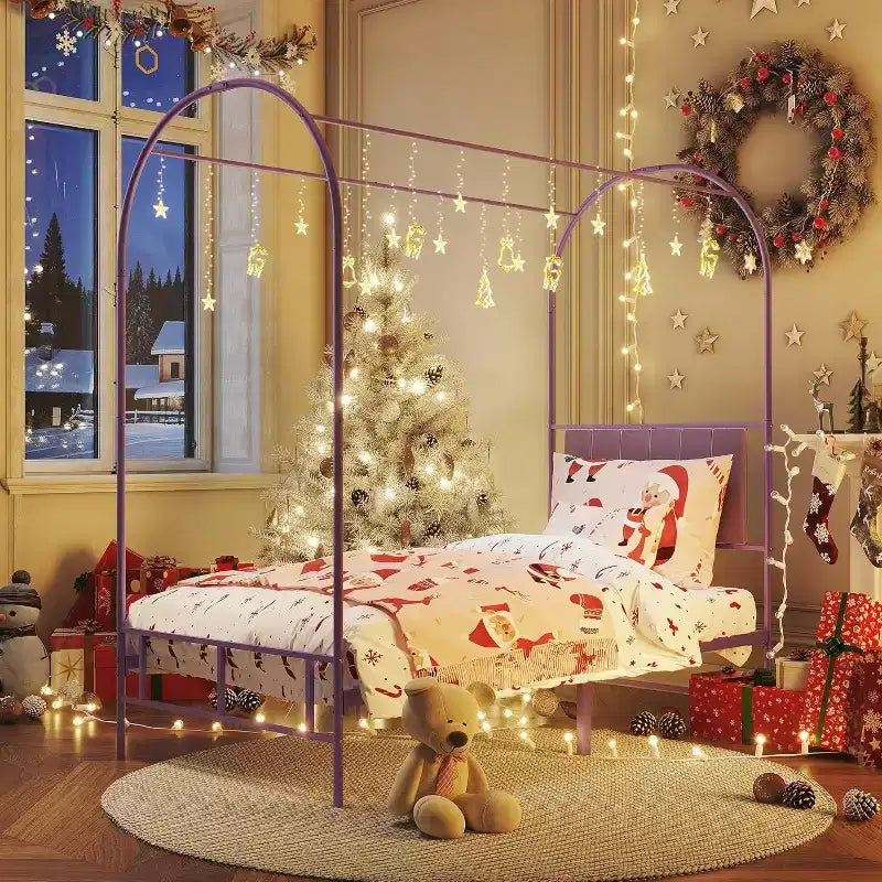 Acekool Twin Size Canopy Bed Frame with Upholstered Headboard, Metal Platform Kids Bed, Strong Slats, No Box Spring Needed