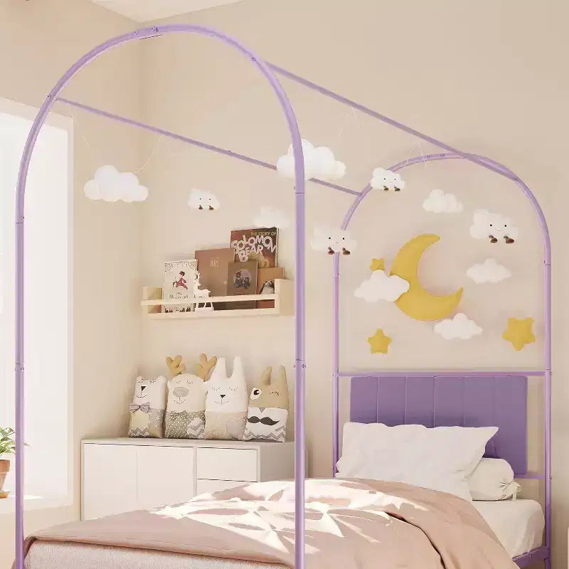 Acekool Twin Size Canopy Bed Frame with Upholstered Headboard, Metal Platform Kids Bed, Strong Slats, No Box Spring Needed
